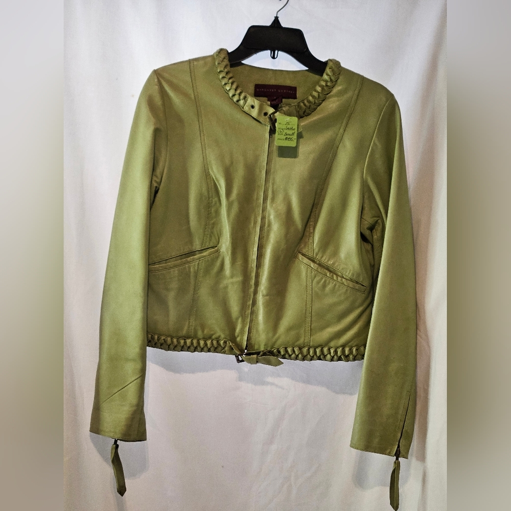 MARGARET GODFREY/St. John Olive Green Leather Zip Front Lined Jacket Size 6
